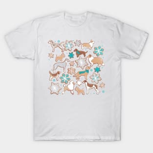 Catching ice and sweetness // spot // white background gingerbread white brown grey and dogs and snowflakes turquoise details T-Shirt